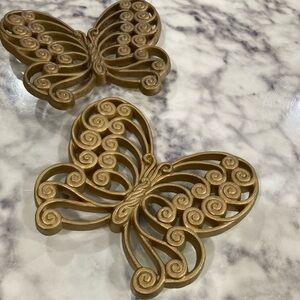 Vintage Burwood Plastic Butterfly Wall Hangings Pair Scroll Design 2416 Gold